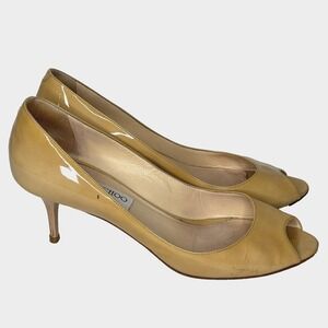 Jimmy Choo Shoes Womens 38.5 Luna Nude Beige Patent Leather Peep Toe Pumps Italy